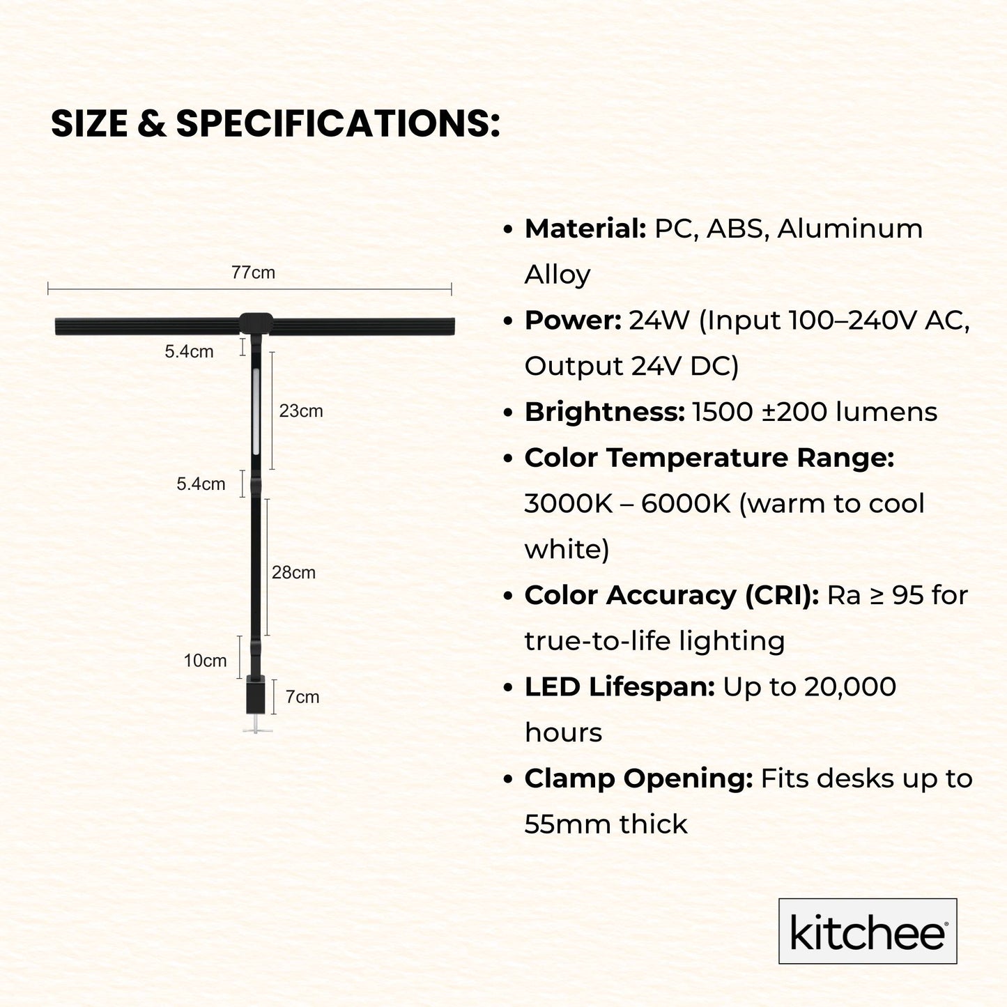 Kitchee Tri-Fold LED Desk Lamp with Clamp - Swinging Arm Eye-Care Dimmable Light