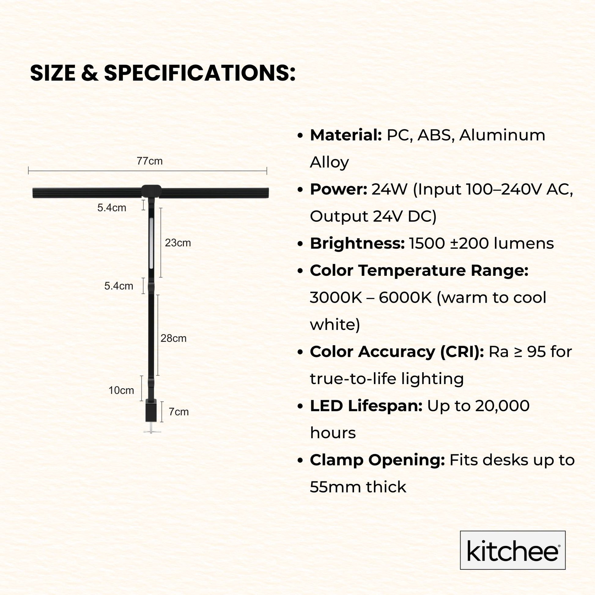 Kitchee Tri-Fold LED Desk Lamp with Clamp - Swinging Arm Eye-Care Dimmable Light