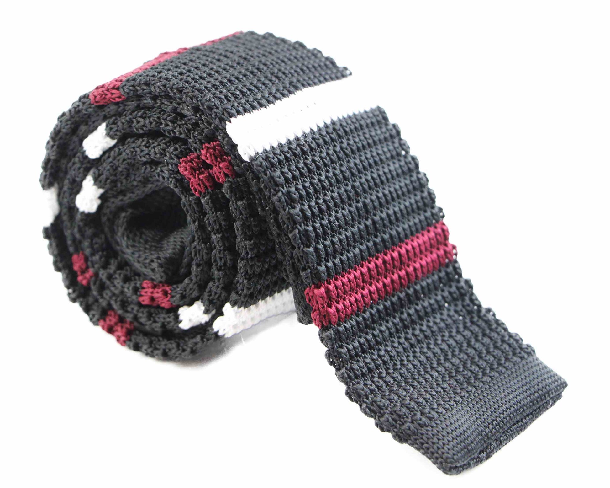 Knitted Black, White & Maroon Striped Patterned Neck Tie