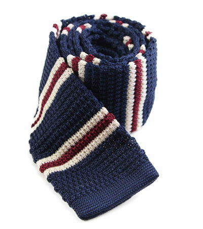 Knitted Navy, Latte & Maroon Striped Patterned Neck Tie
