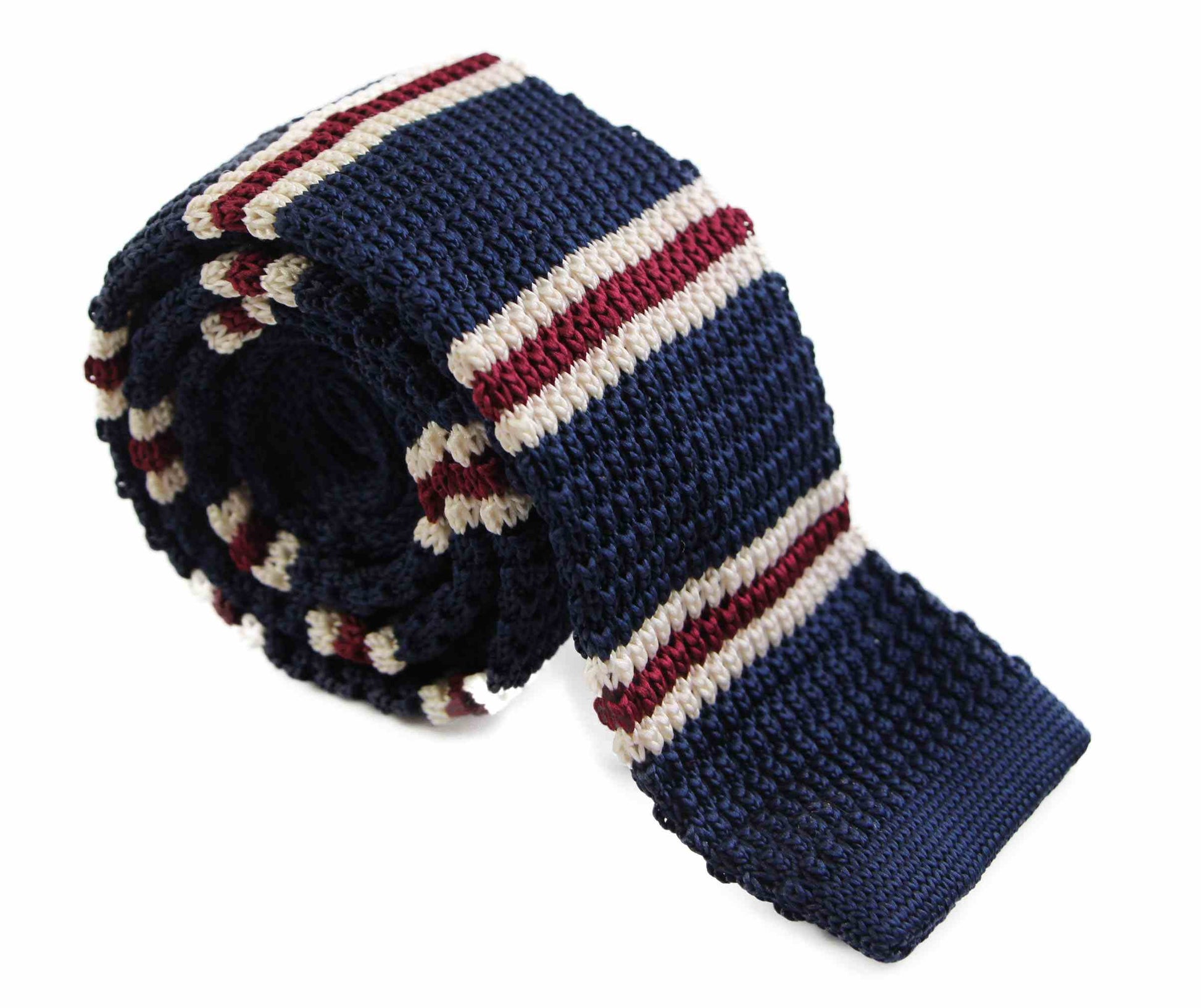 Knitted Navy, Latte & Maroon Striped Patterned Neck Tie