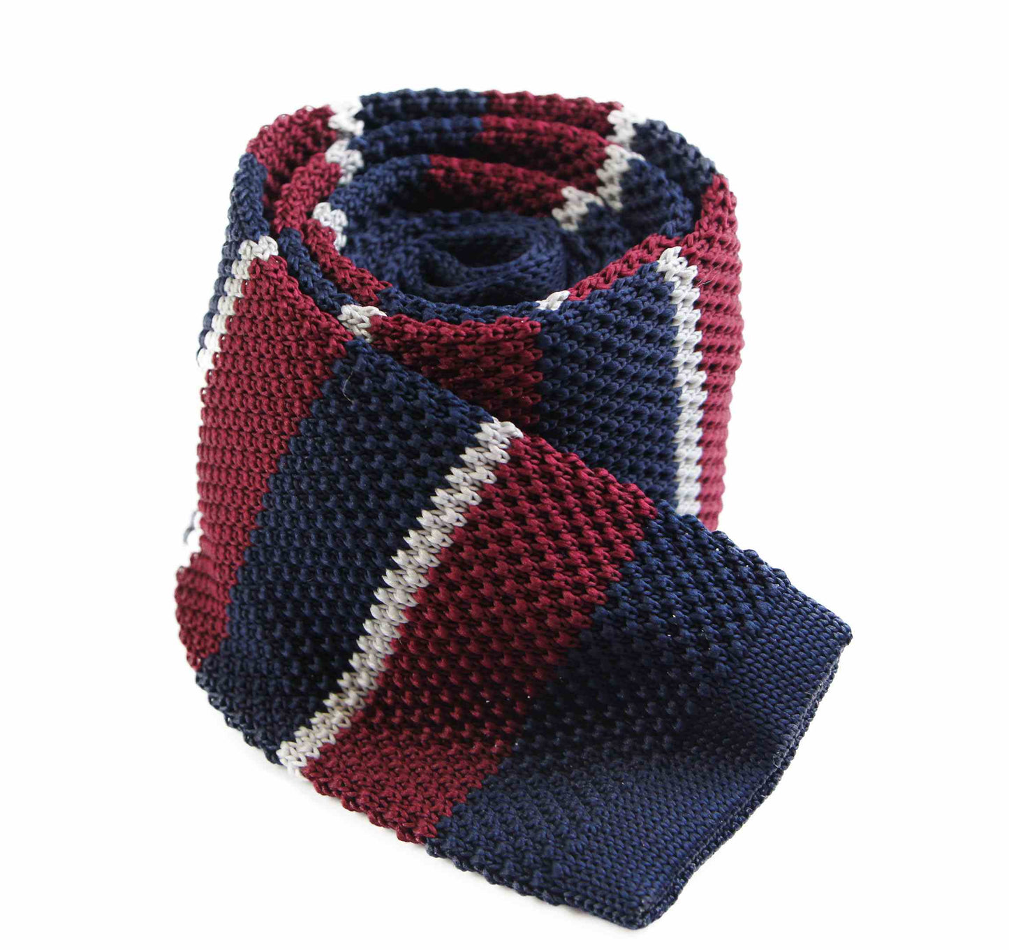Knitted Thick Maroon, Navy & Grey Striped Patterned Neck Tie