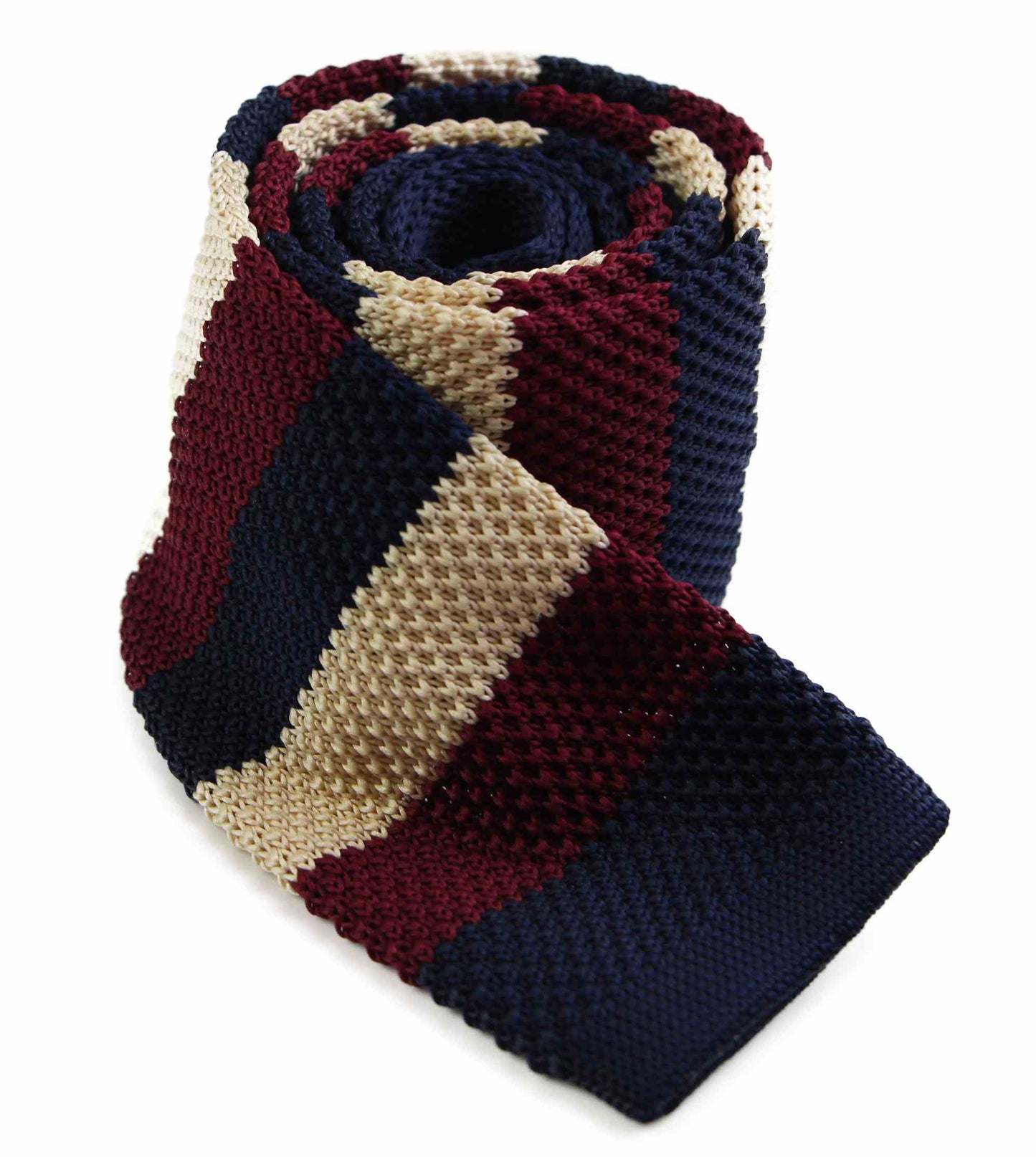 Knitted Thick Striped Navy, Latte & Maroon Striped Patterned Neck Tie