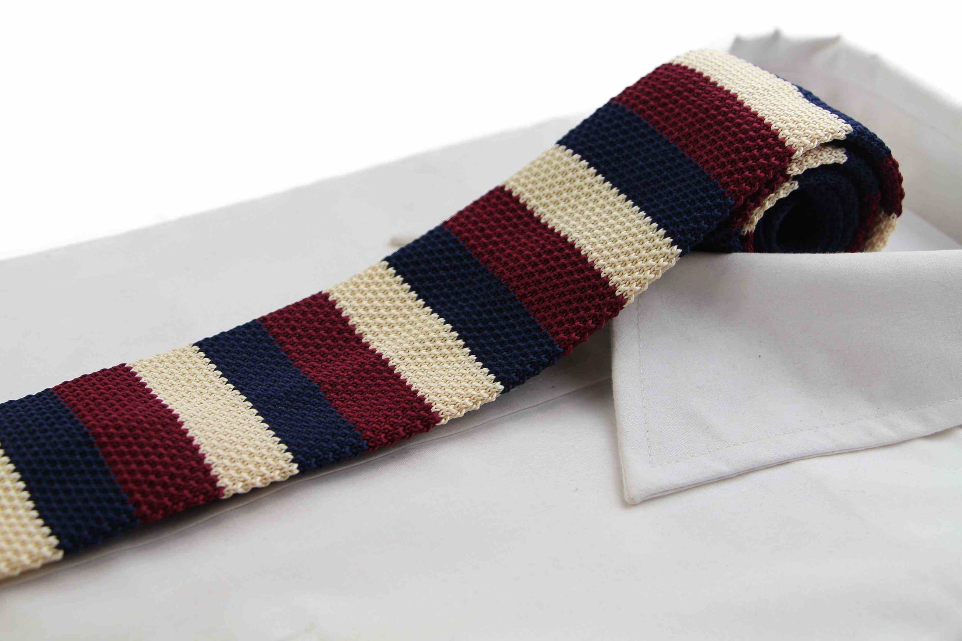 Knitted Thick Striped Navy, Latte & Maroon Striped Patterned Neck Tie