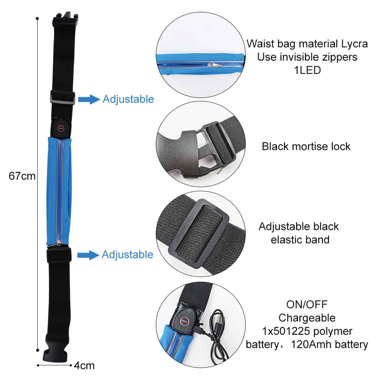 LED Light Reflective Running Waist Belt USB Rechargeable Adjustable Waterproof