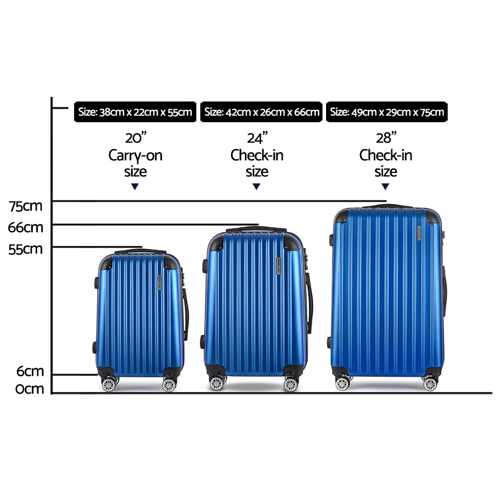 Wanderlite 3pcs Luggage Set Travel Suitcase Storage Organiser TSA lock Blue