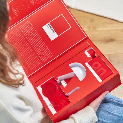 Lexon GIFT Set PANTONE - Includes Mino+ Mini Speaker, Flip Classic Clock, Mina M Lamp, Thykho 3 Speaker - 2035 Red
