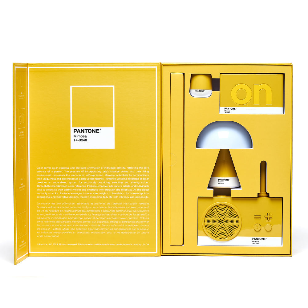 Lexon GIFT Set PANTONE - Includes Mino+ Mini Speaker, Flip Classic Clock, Mina M Lamp, Thykho 3 Speaker - Yellow