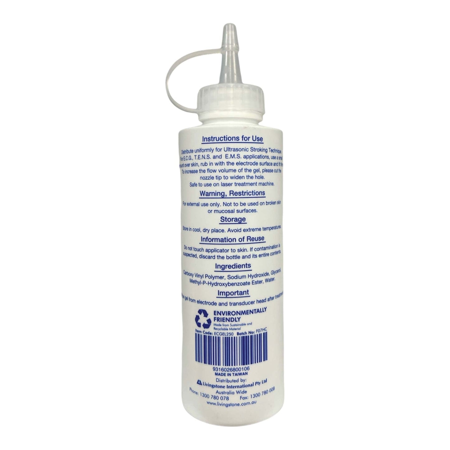 Livingstone 250ml Conductive Ultrasound Lubricating Gel