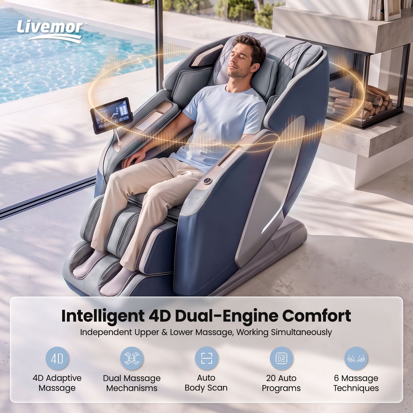 Livemor 4D Massage Chair Double Core SL Track Recliner Full Body Zero Gravity Heat Body Scan Melisa