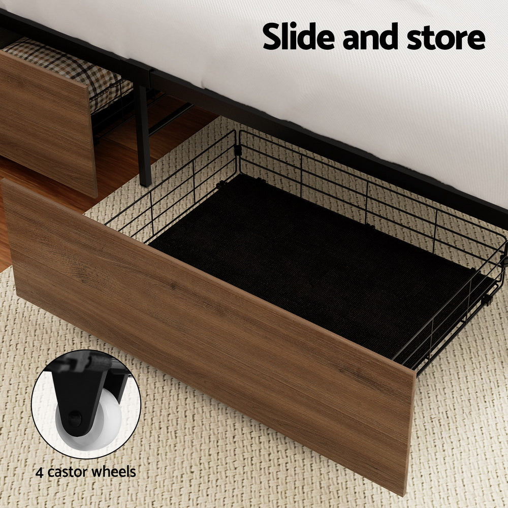 Artiss 2x Trundle Drawers for Metal Bed Frame Storage with Wheels Balck & Walnut