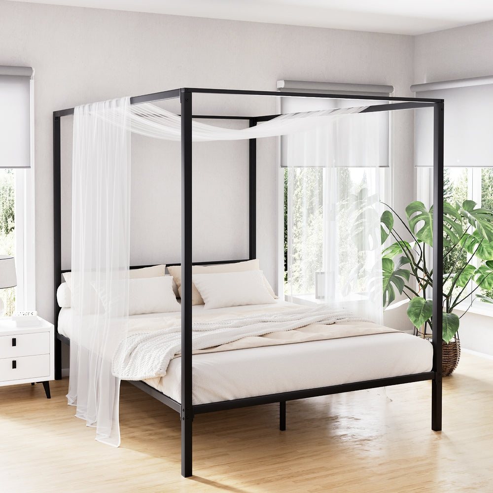 Artiss Bed Frame Metal Four-poster Platform Base Queen Size Black POCHY