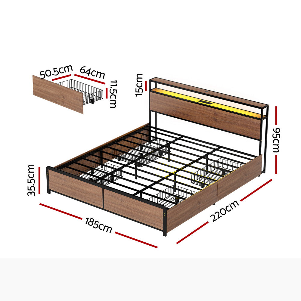 Artiss Metal Bed Frame King Size LED Storage Headboard USB Charge 4 Drawers
