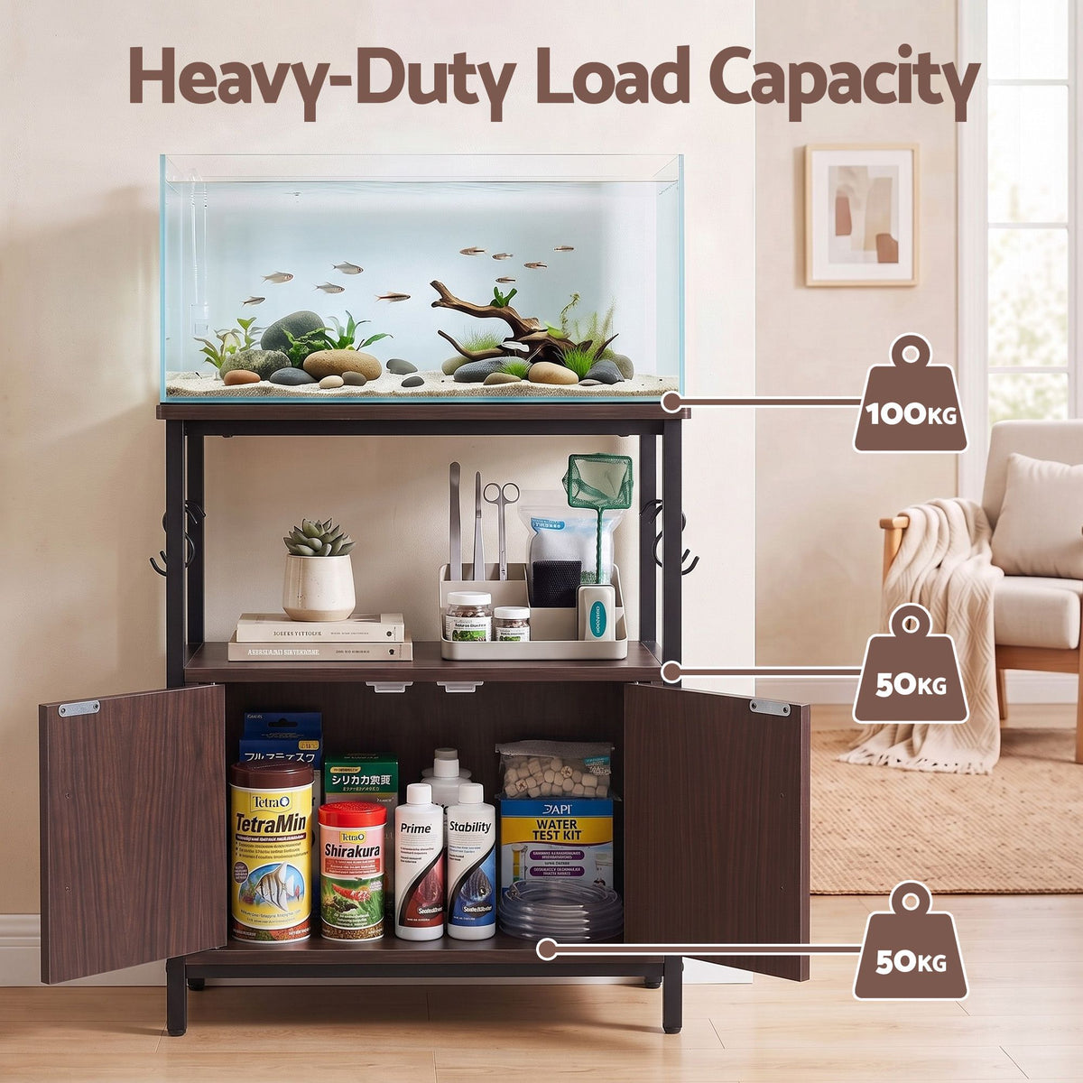 Artiss 20 Gallon Fish Tank Stand 3-Tier Aquarium Stand with Storage Cabinet and Open Shelf Walnut