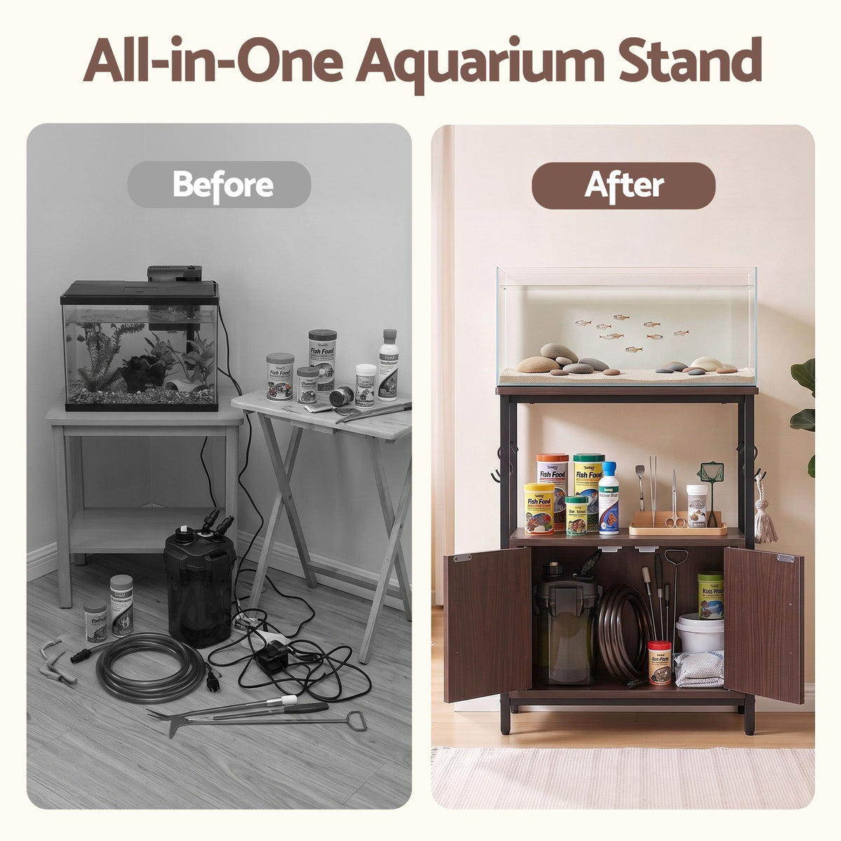 Artiss 20 Gallon Fish Tank Stand 3-Tier Aquarium Stand with Storage Cabinet and Open Shelf Walnut