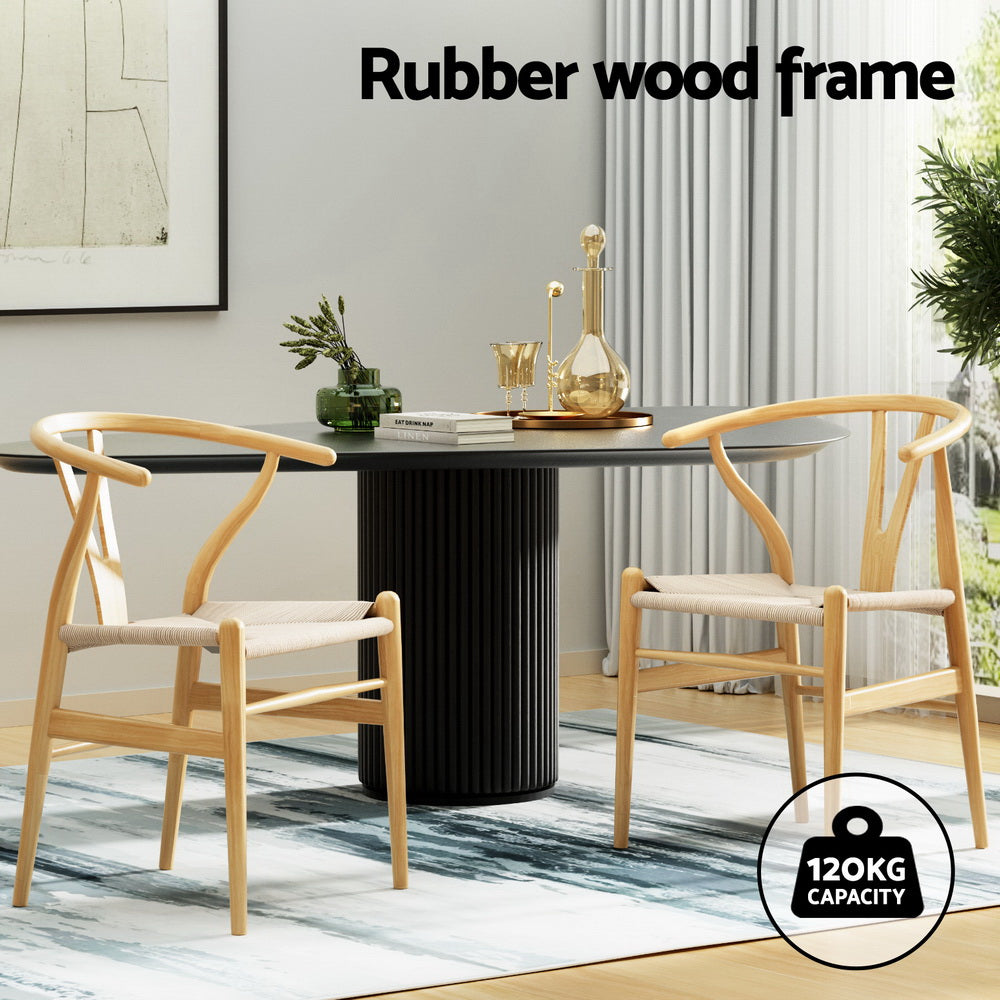 1 Set of 4 Artiss Dining Chairs Wooden Rattan Seat Wishbone Back