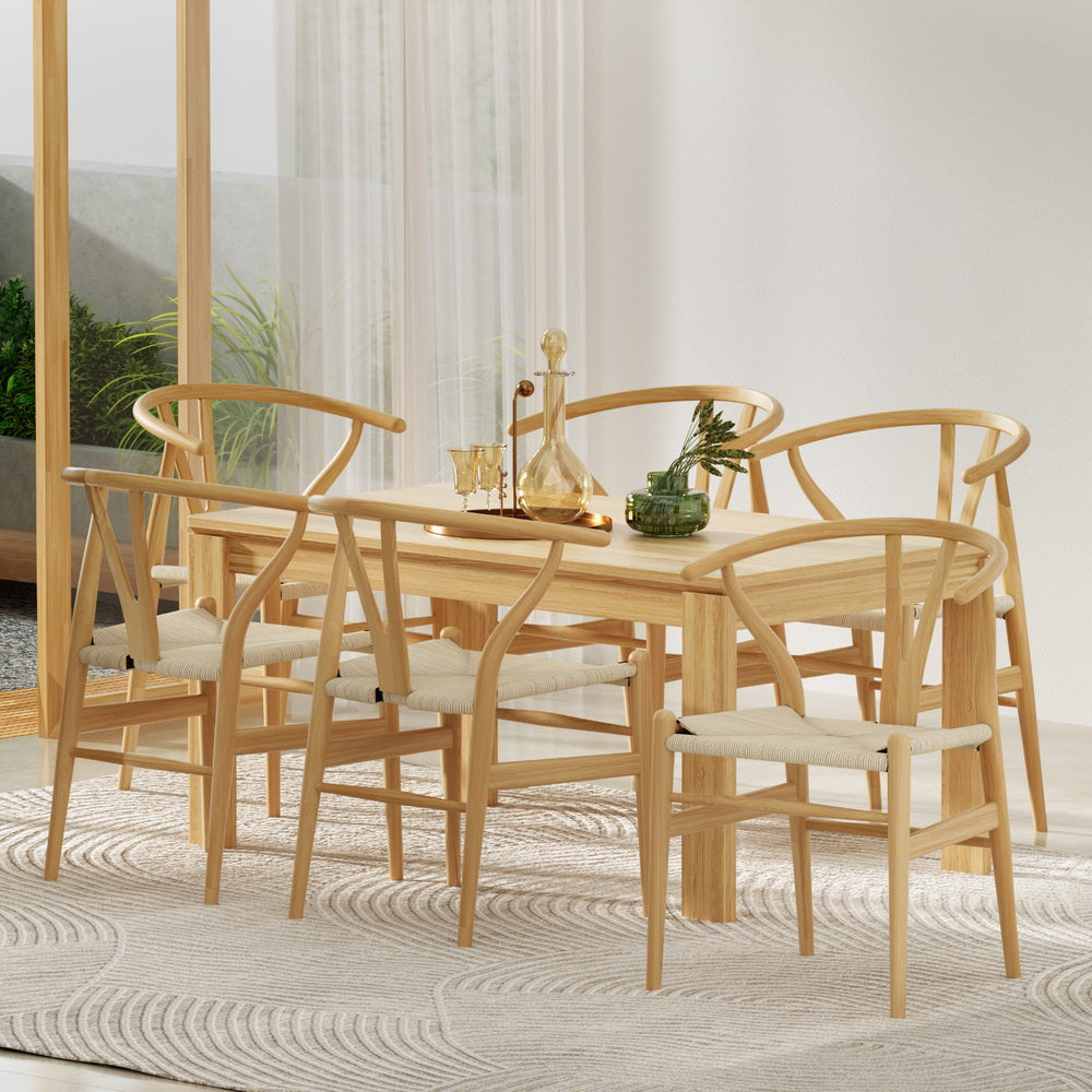 1 Set of 6 Artiss Dining Chairs Wooden Rattan Seat Wishbone Back