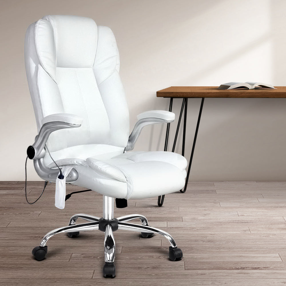 Artiss Massage Office Chair PU Leather 8 Point - White