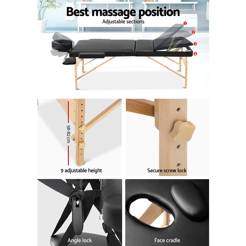 Zenses 75cm Wide Portable Wooden Massage Table 3 Fold Treatment Beauty Therapy Black