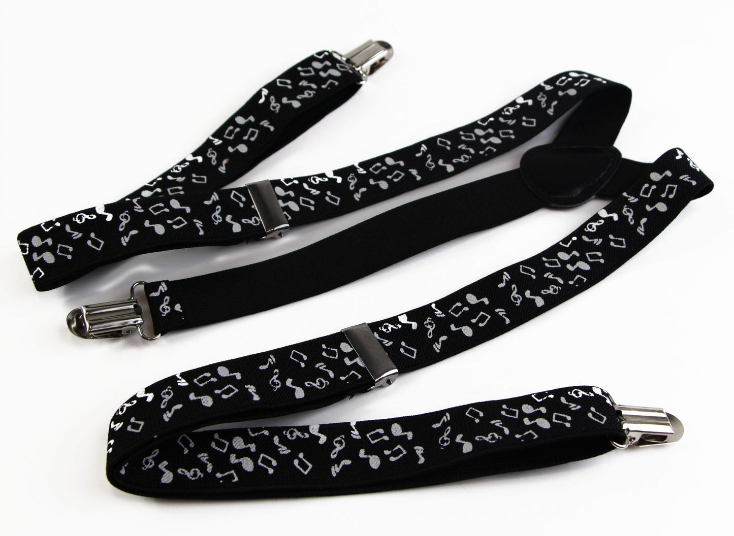 Mens Adjustable Black With White Music Notes Patterned Suspenders