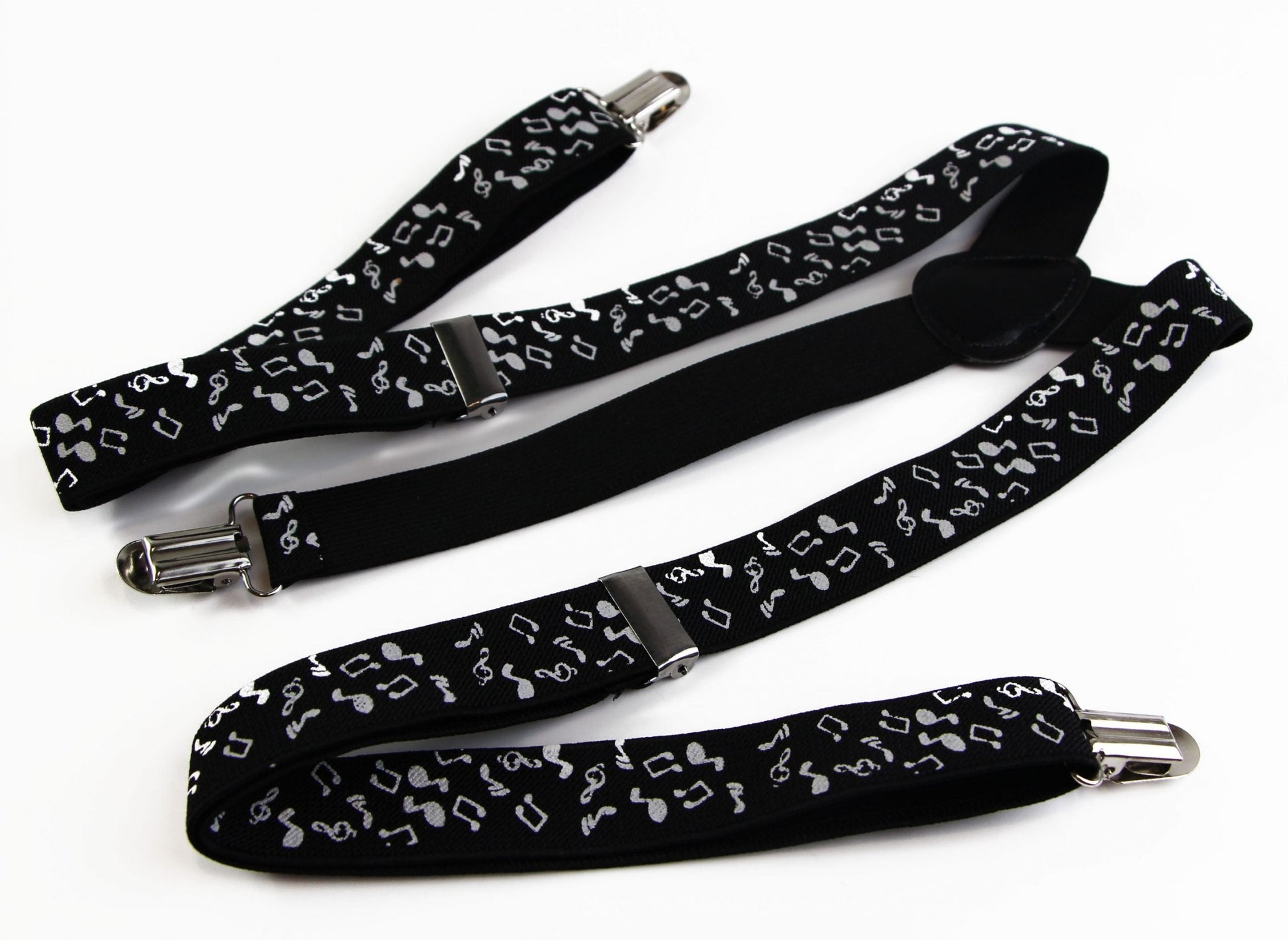 Mens Adjustable Black With White Music Notes Patterned Suspenders