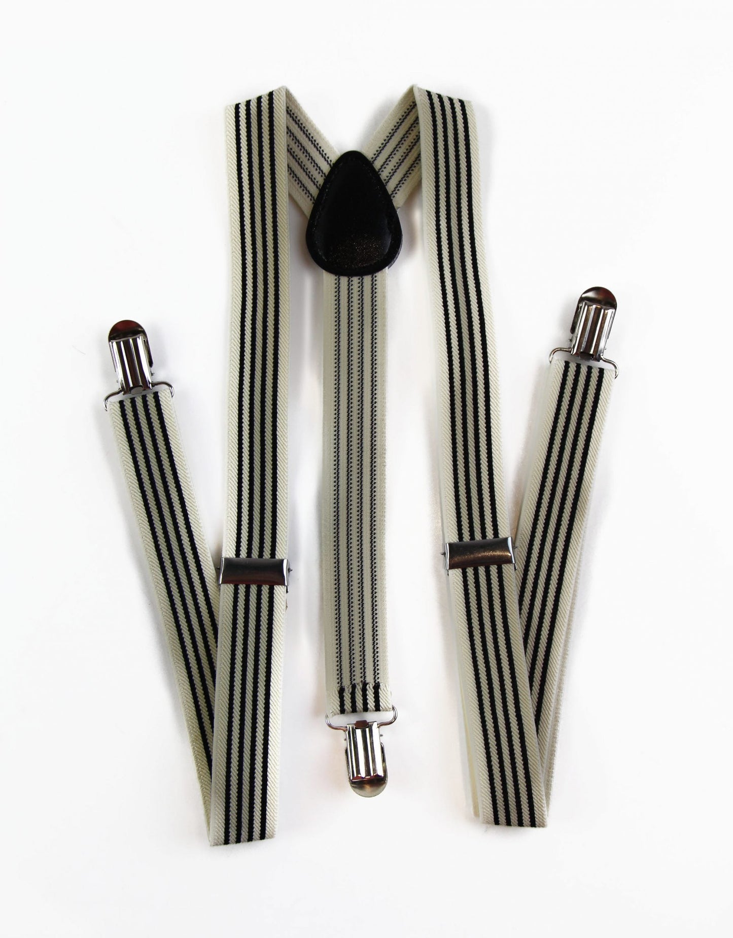 Mens Adjustable Cream & Black Striped Patterned Suspenders