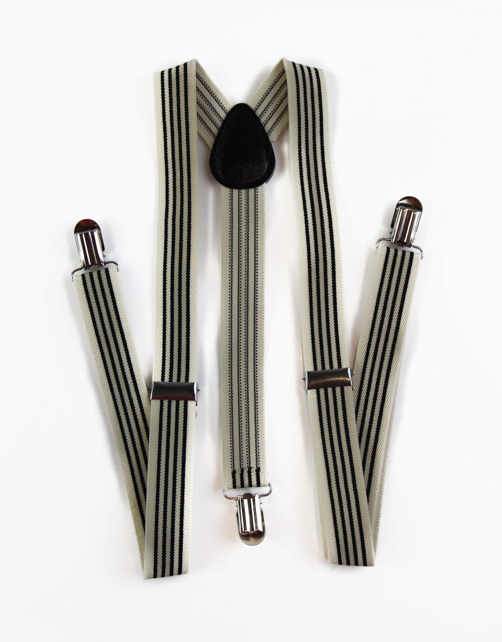 Mens Adjustable Cream & Black Striped Patterned Suspenders
