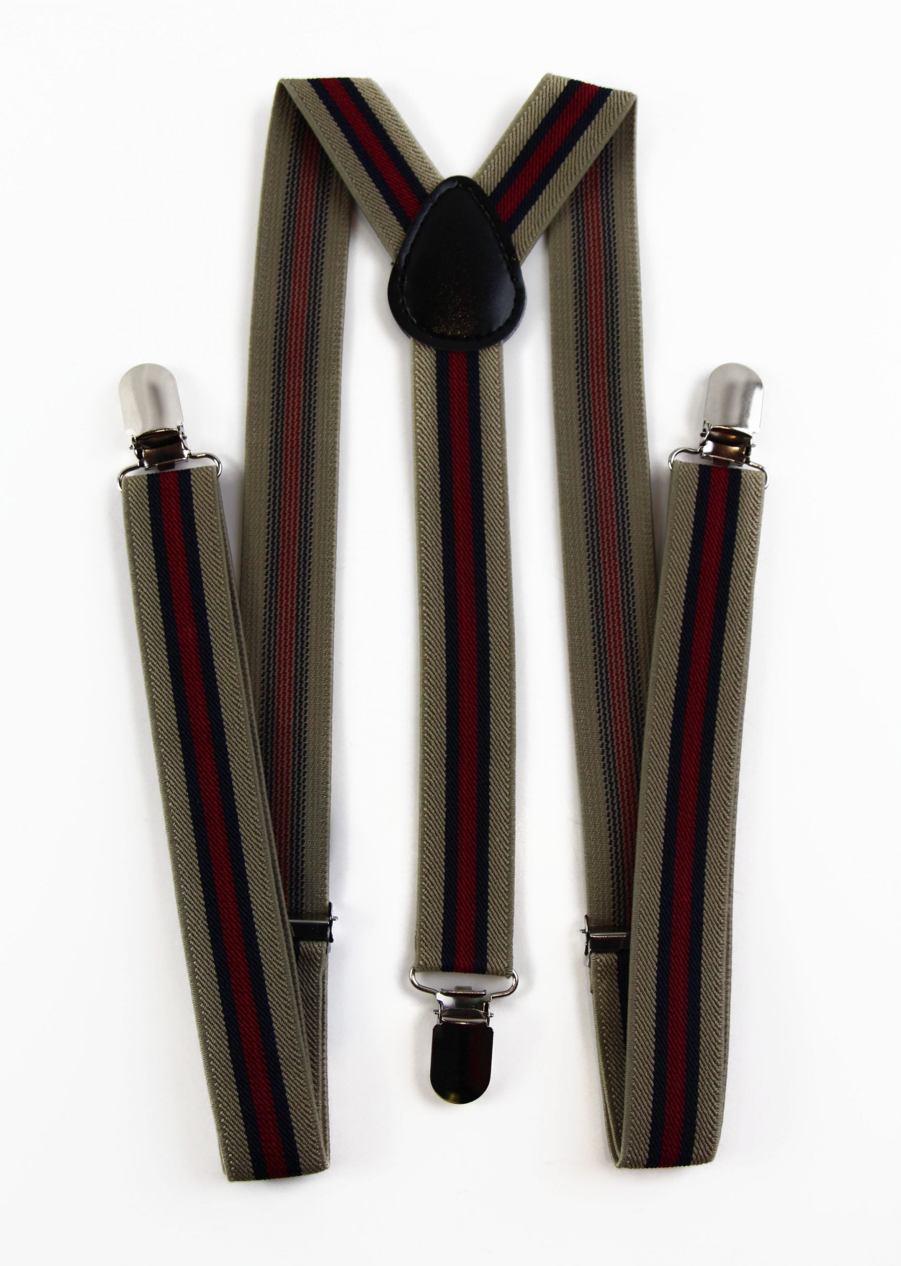 Mens Adjustable Latte, Red & Navy Striped Patterned Suspenders