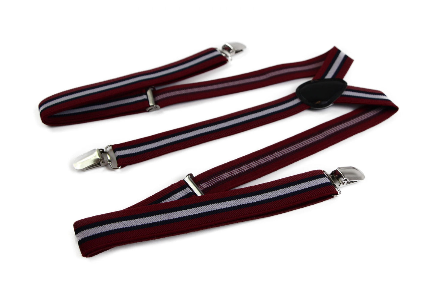 Mens Adjustable Maroon, Navy & White Striped Patterned Suspenders