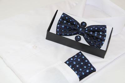Mens Black & Blue Diamond Matching Bow Tie, Pocket Square & Cuff Links Set