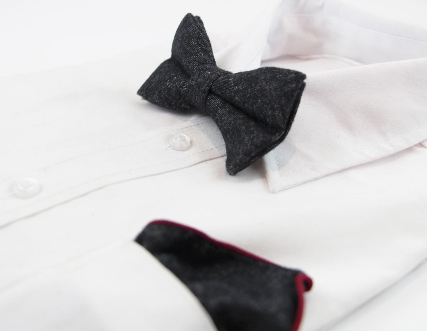 Mens Black Denim & Maroon Trim Cotton Bow Tie & Pocket Square Set