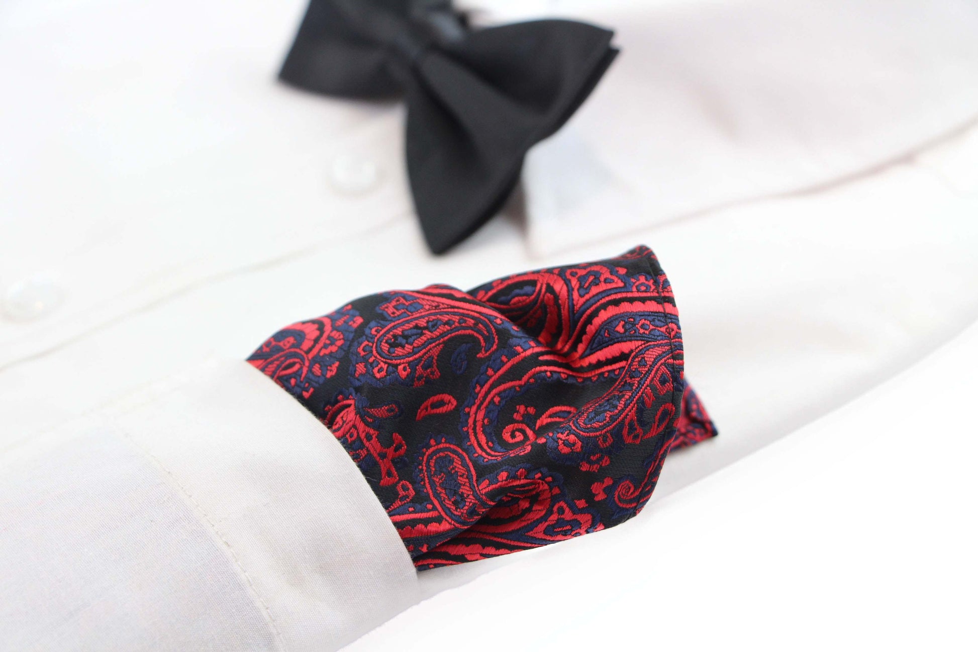 Mens Black, Red & Navy Boho Paisley Silk Pocket Square