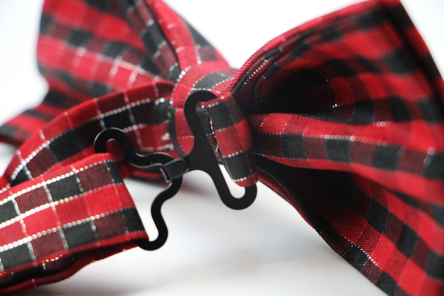 Mens Black & Red Plaid Patterned Tinsel Bow Tie