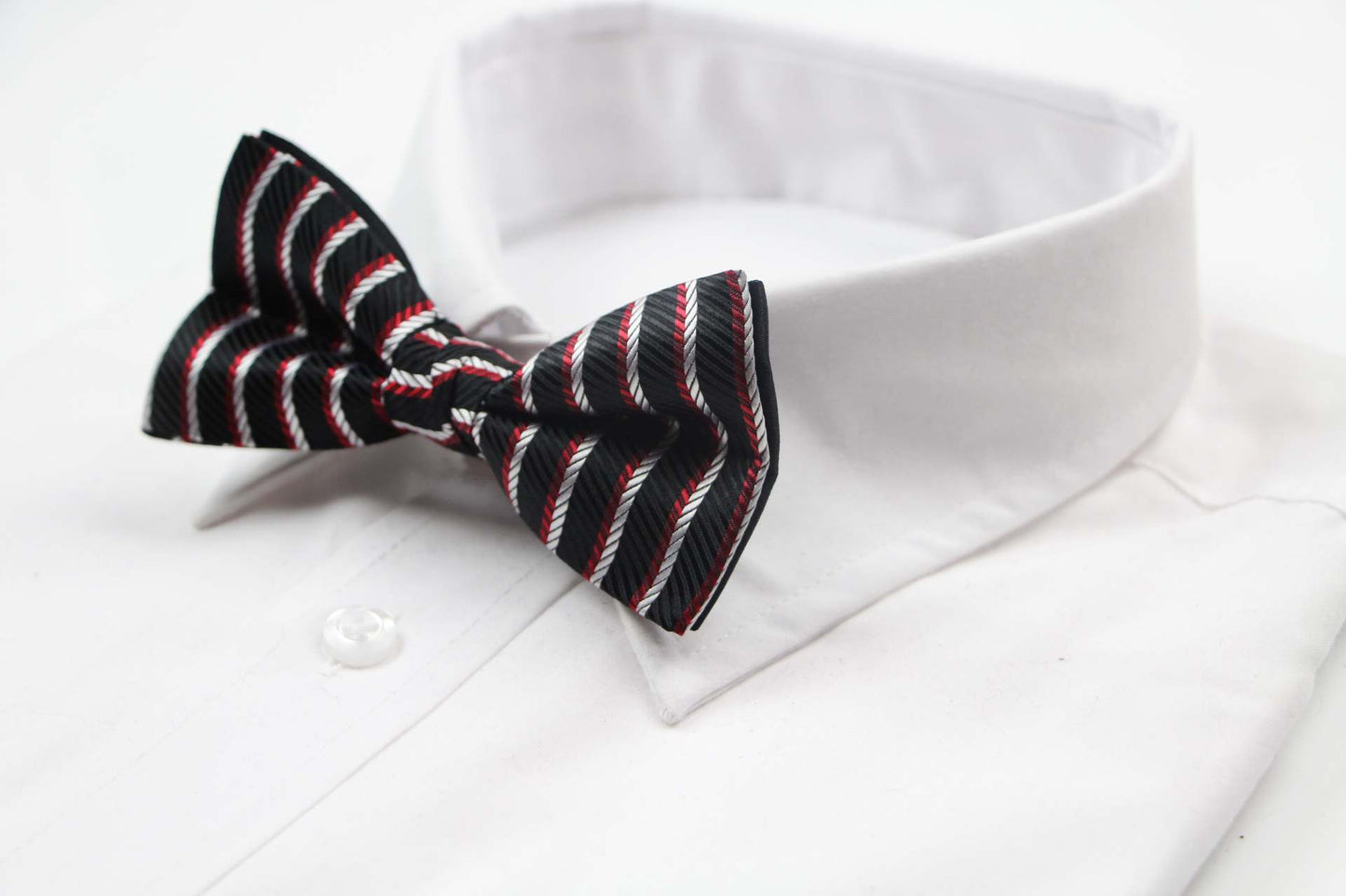 Mens Black, Red & Silver Striped Patterned Bow Tie