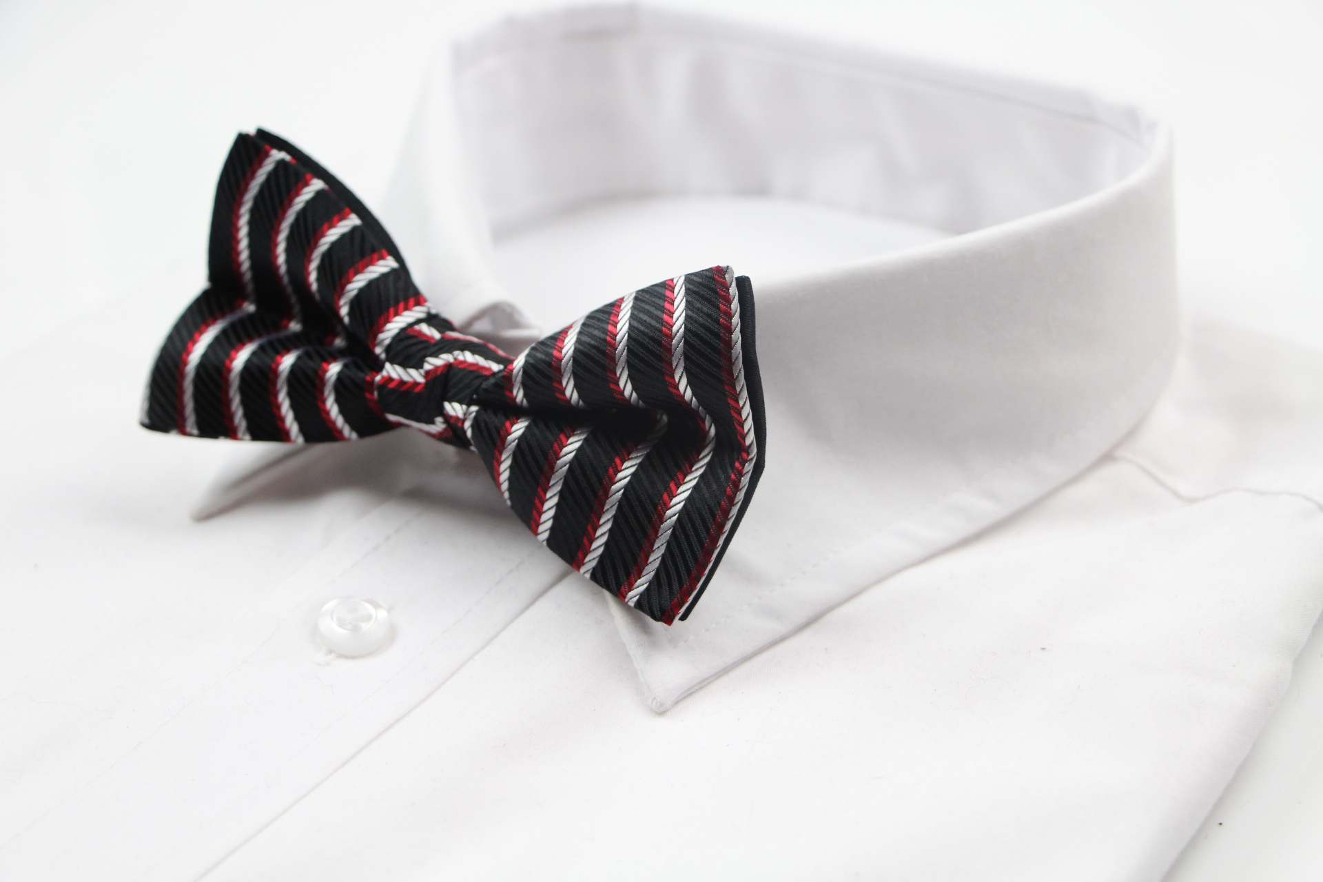 Mens Black, Red & Silver Striped Patterned Bow Tie