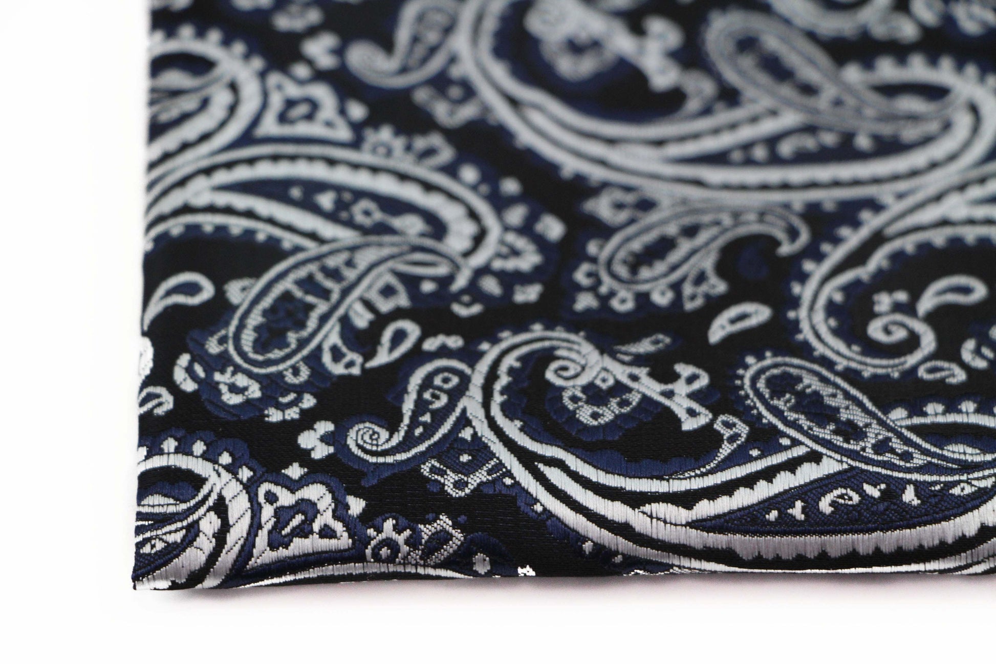 Mens Black & Silver Boho Paisley Silk Pocket Square