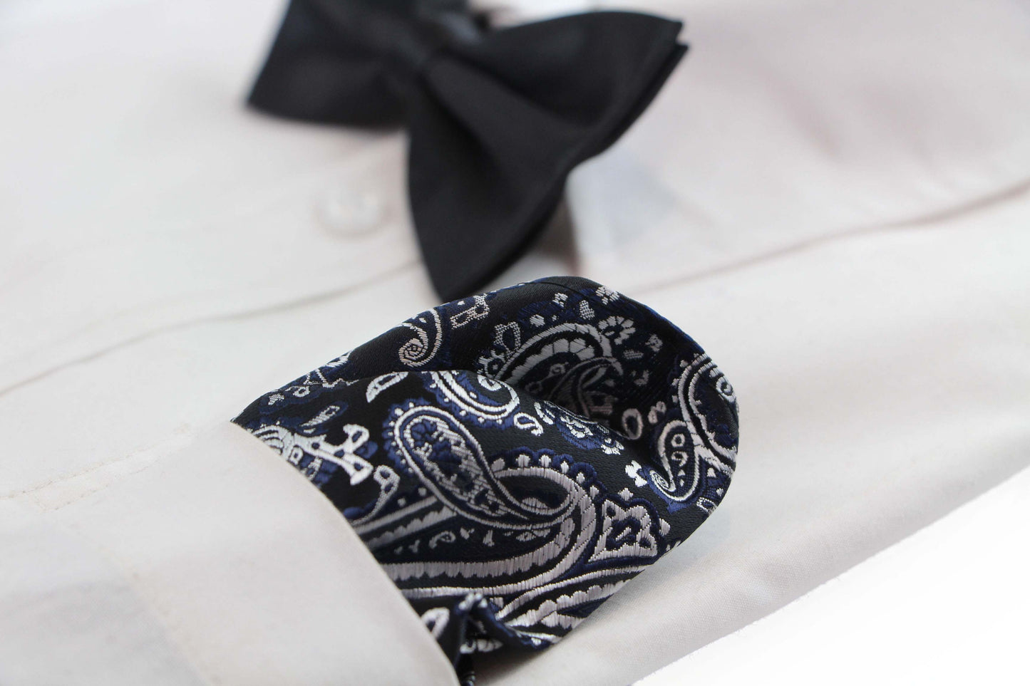 Mens Black & Silver Boho Paisley Silk Pocket Square