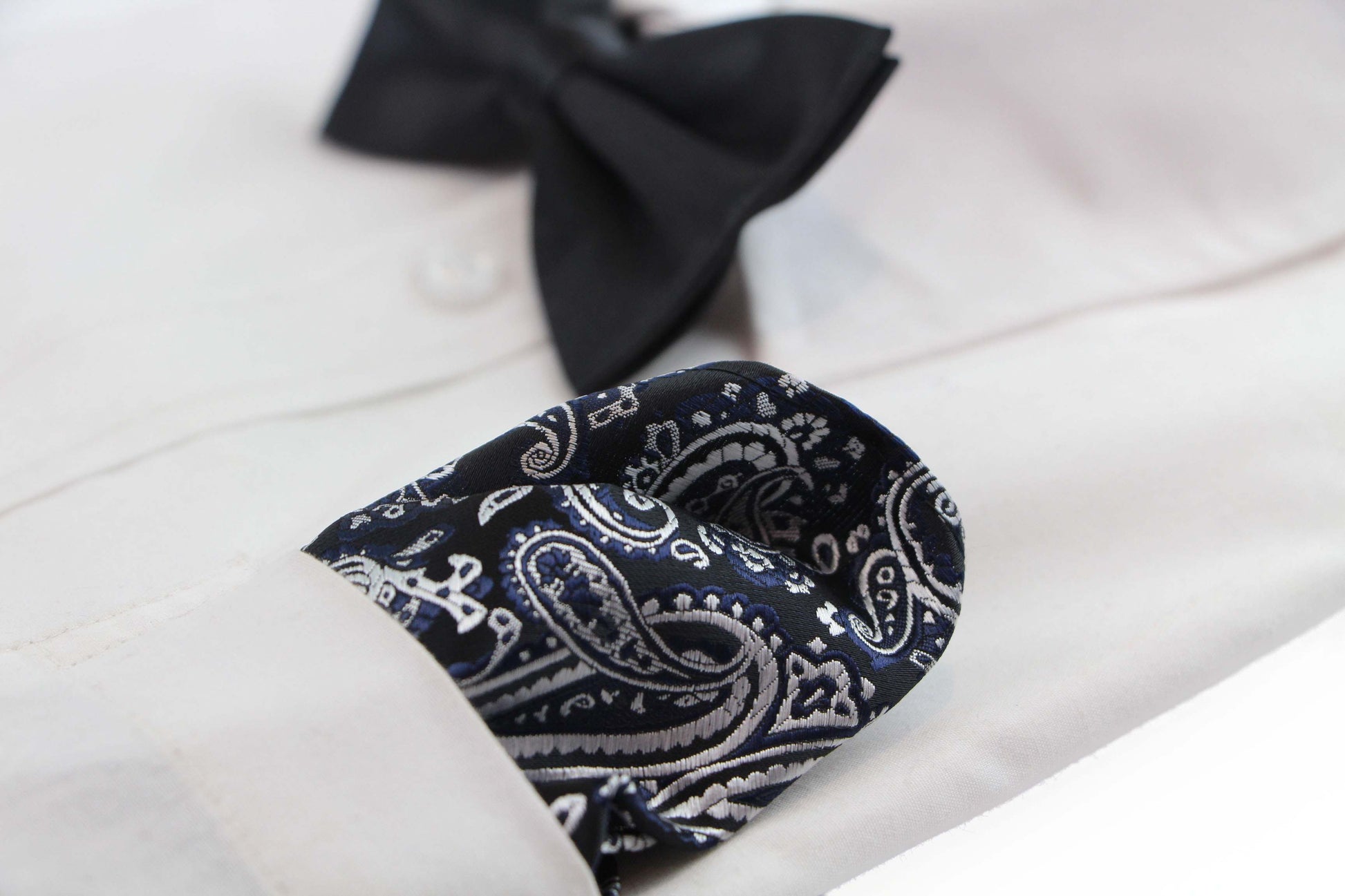 Mens Black & Silver Boho Paisley Silk Pocket Square
