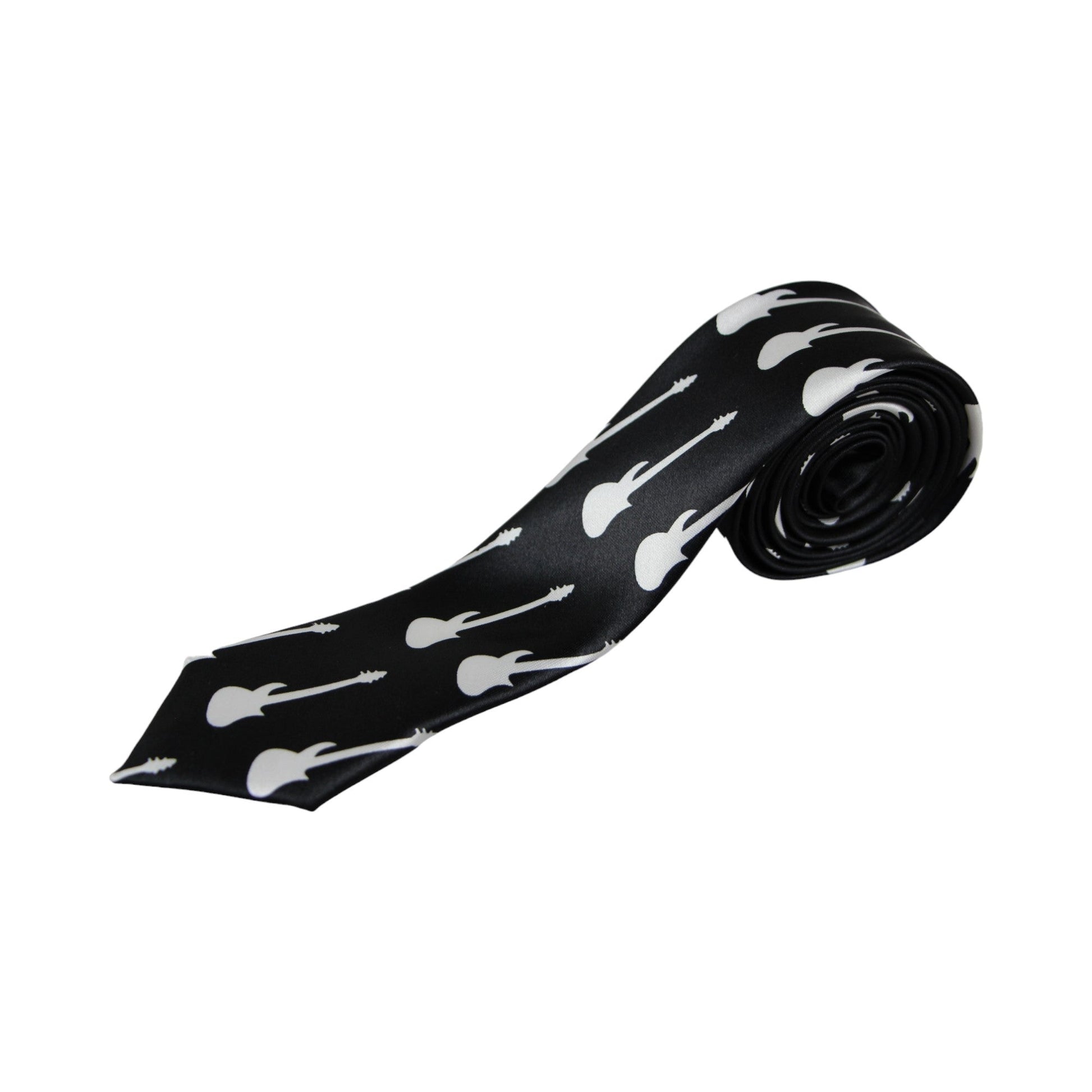 Mens Black & White Guitar 5cm Skinny Neck Tie