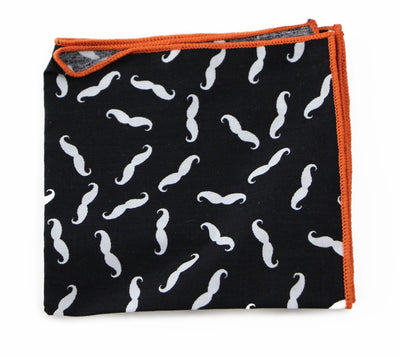 Mens Black With White Moustache Cotton Bow Tie & Pocket Square Set