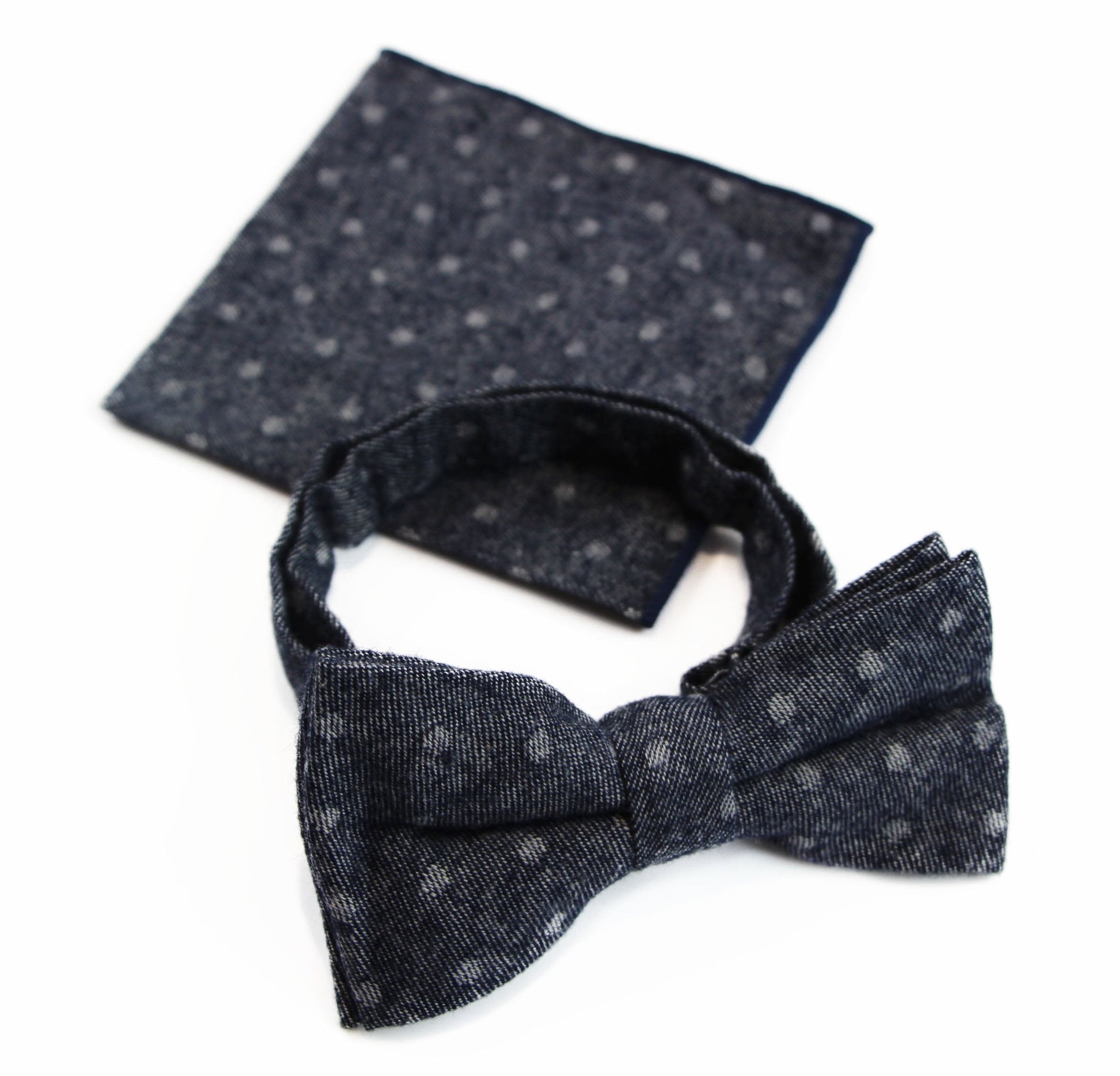 Mens Blue Denim With White Dots Cotton Bow Tie & Pocket Square Set