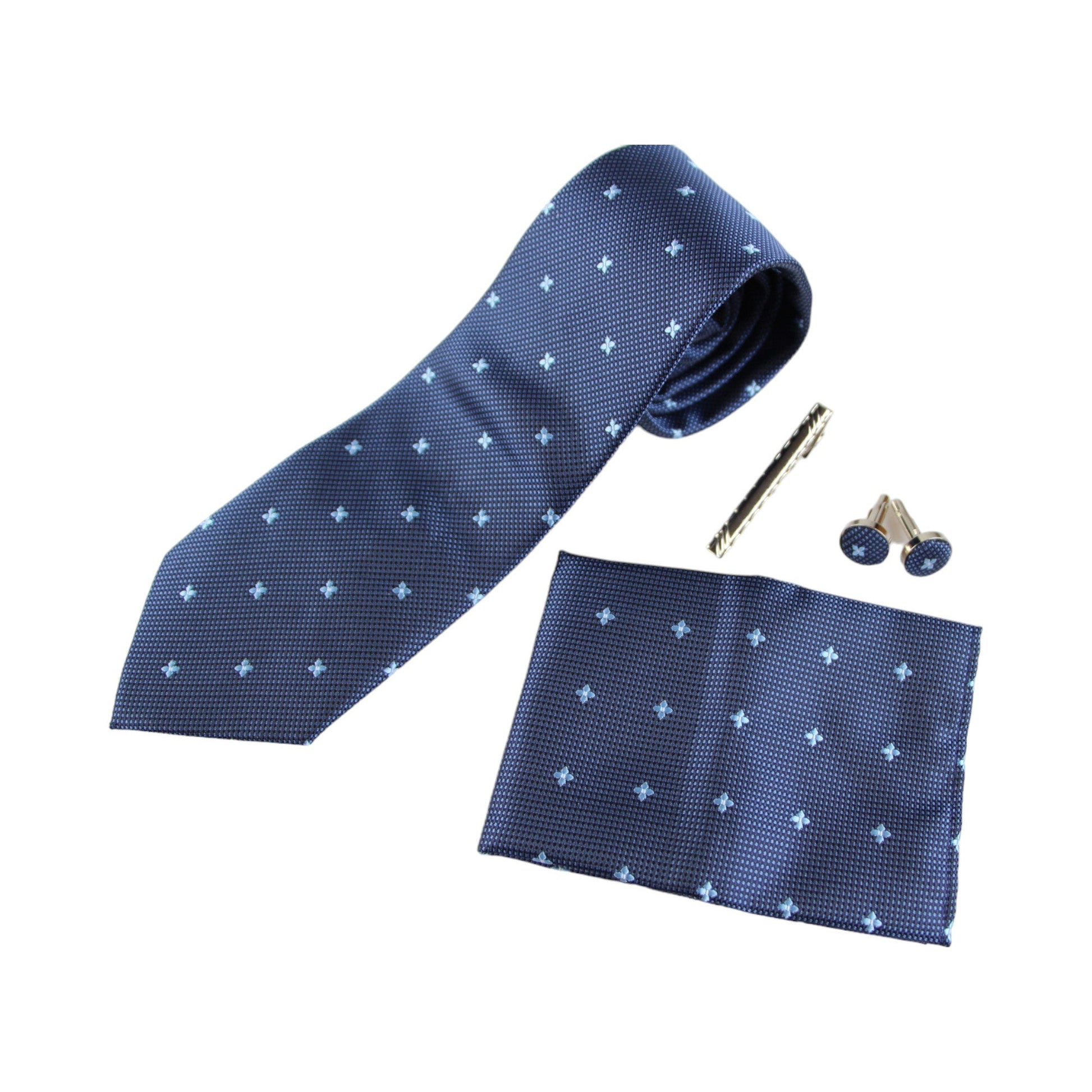 Mens Blue Dotted And Floral Matching Neck Tie, Pocket Square, Cuff Links And Tie Clip Set