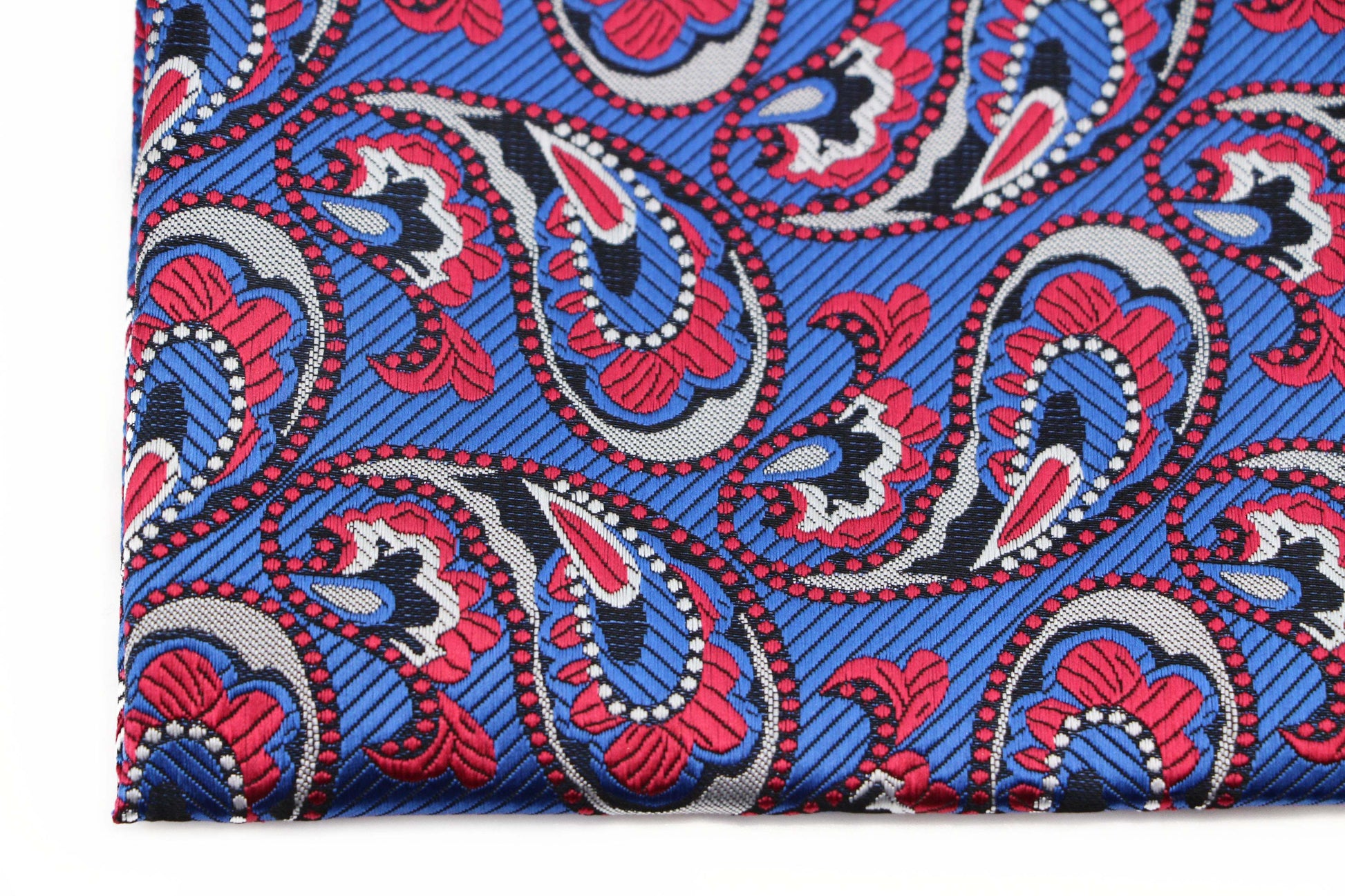 Mens Blue, Red & Silver Paisley Silk Pocket Square