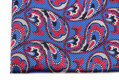 Mens Blue, Red & Silver Paisley Silk Pocket Square