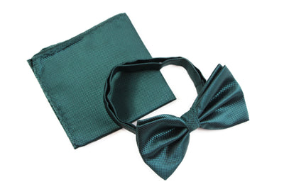 Mens Bottle Green Plain Coloured Checkered Bow Tie & Matching Pocket Square Set