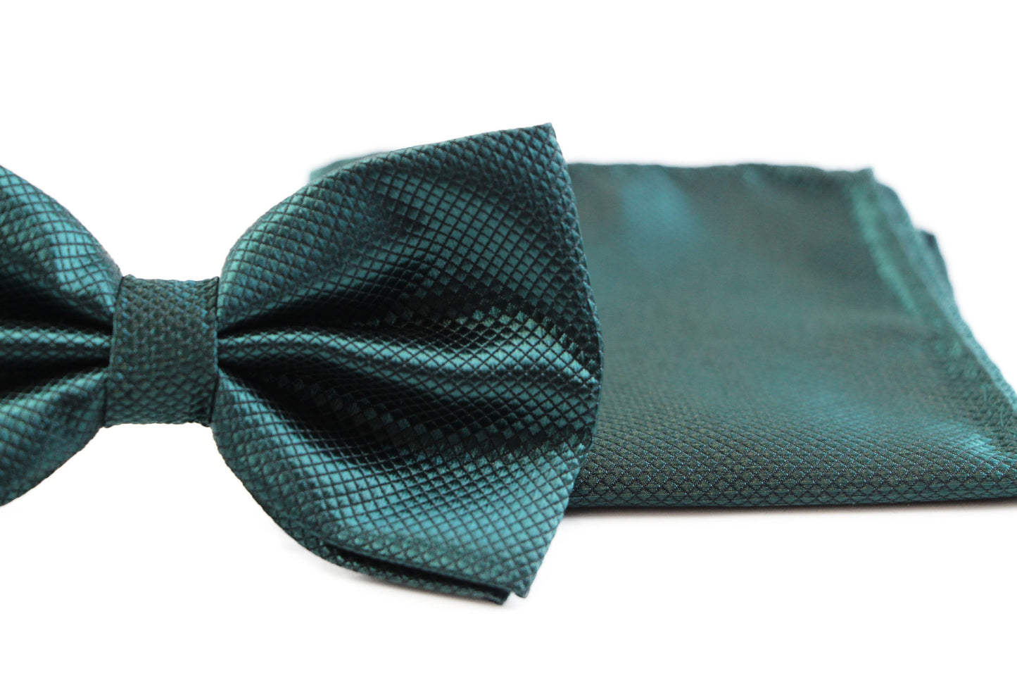 Mens Bottle Green Plain Coloured Checkered Bow Tie & Matching Pocket Square Set