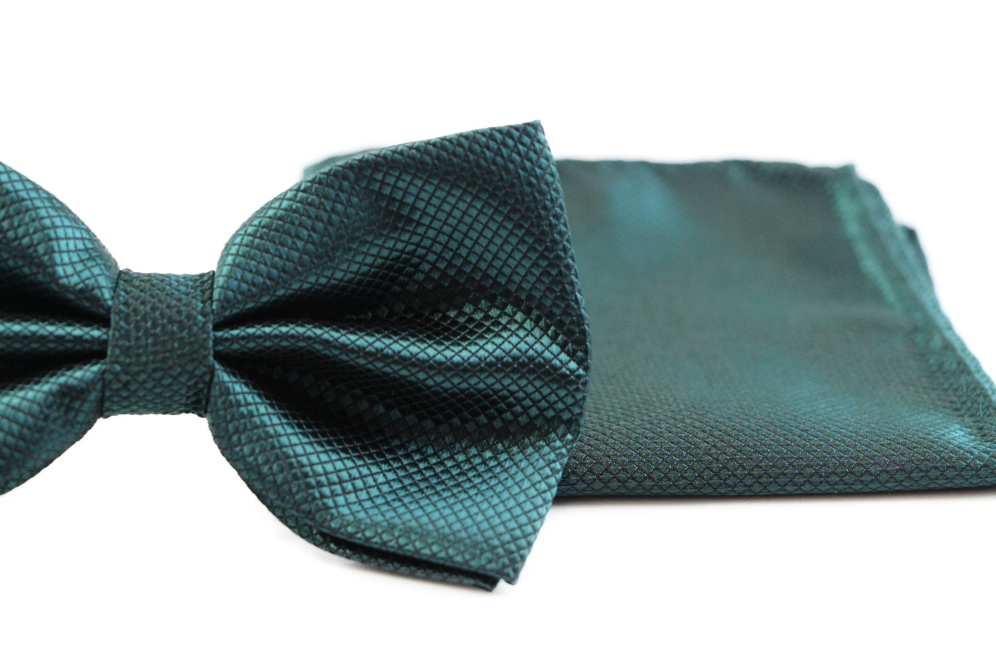 Mens Bottle Green Plain Coloured Checkered Bow Tie & Matching Pocket Square Set