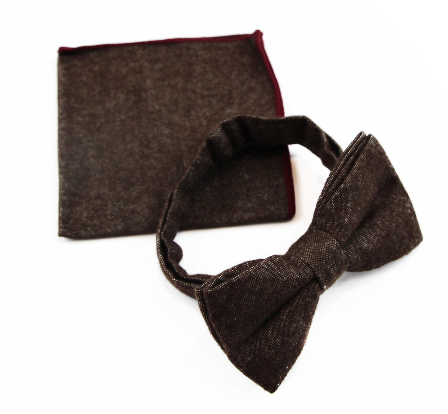 Mens Brown Denim & Burgundy Trim Cotton Bow Tie & Pocket Square Set