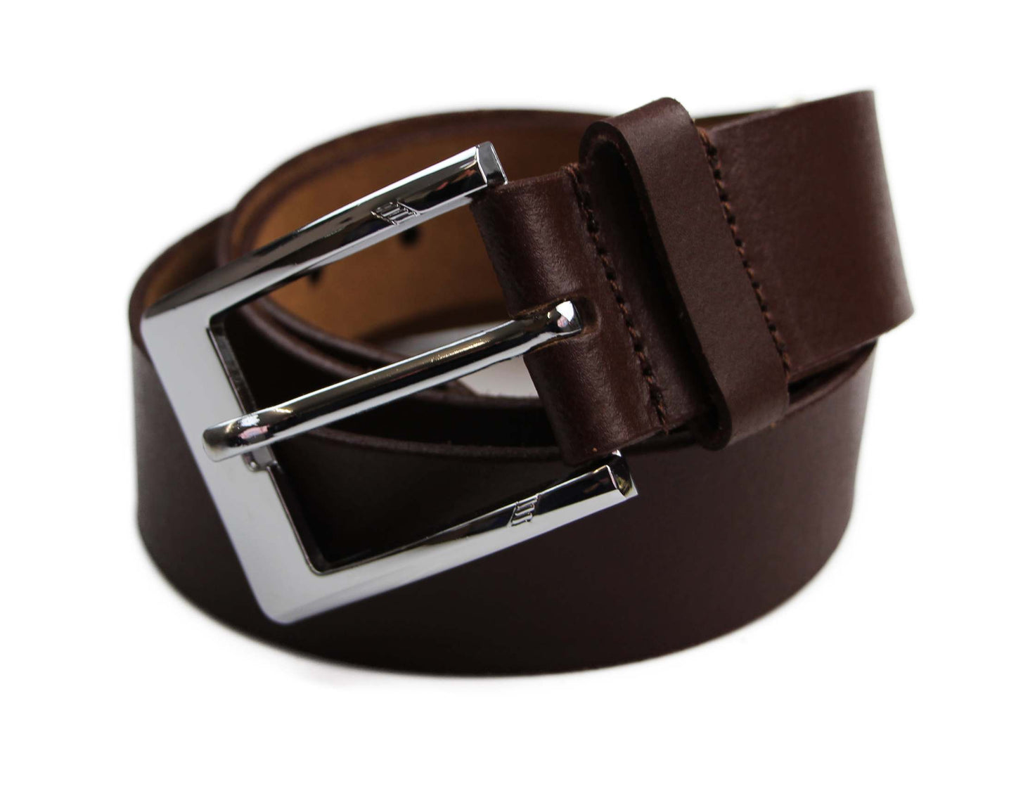 Mens Brown Leather Belt With Curved Silver Buckle