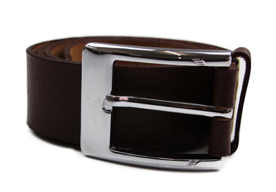 Mens Brown Leather Belt With Curved Silver Buckle